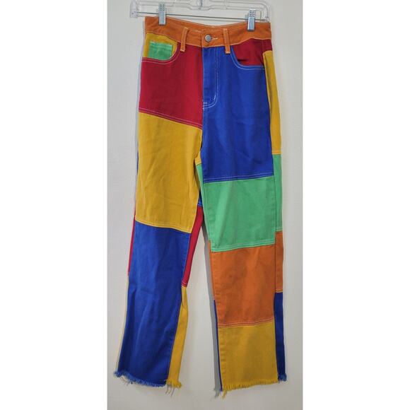 Color Block Jeans Womens X-Small Raw Hem Multi-Colored Patchwork Funky Fun Jeans - Picture 4 of 10